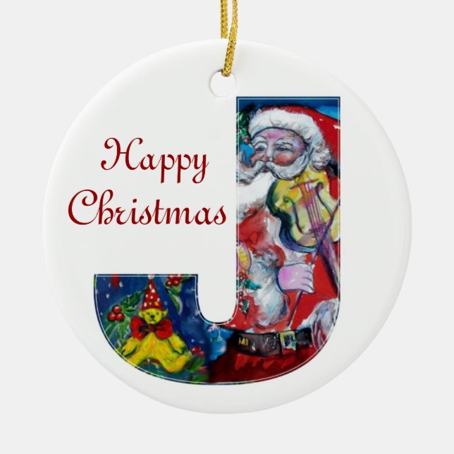 XMAS J LETTER /SANTA  CLAUS WITH VIOLIN MONOGRAM CERAMIC TREE DECORATION (Front)