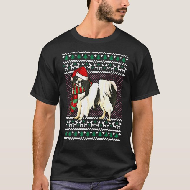 Xmas Japanese Chin Dog Santa Hat Ugly Christmas T-Shirt (Front)