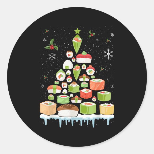 Xmas Japanese Sushi Christmas Tree Holiday Pajama  Classic Round Sticker (Front)