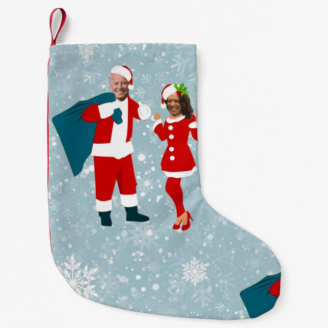 xmas joe biden santa kamala harris icy snowflakes small christmas stocking (Front)