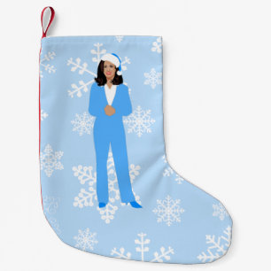 xmas kamala harris santa blue icy snowflakes small christmas stocking