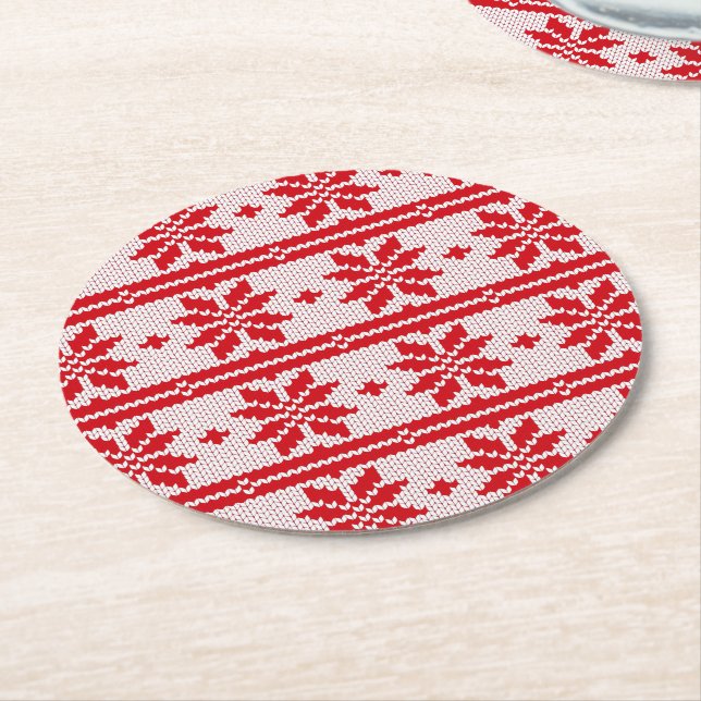 Xmas knitting seamless pattern 1 + your ideas round paper coaster (Angled)