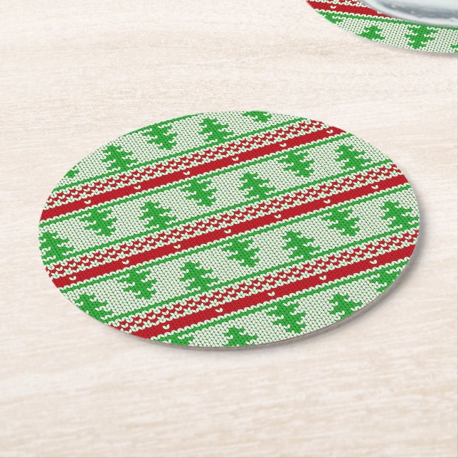 Xmas knitting seamless pattern 2 + your ideas round paper coaster (Angled)