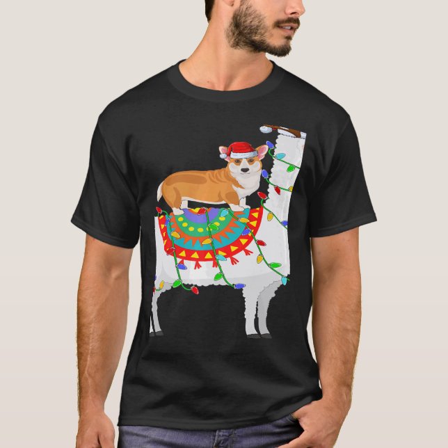 Xmas Lighting Corgi Dog Riding Llama Christmas T-Shirt (Front)