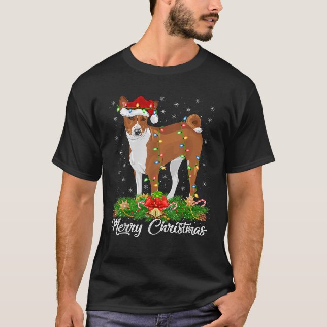 Xmas Lighting Decor Santa Hat Basenji Dog Christma T-Shirt (Front)