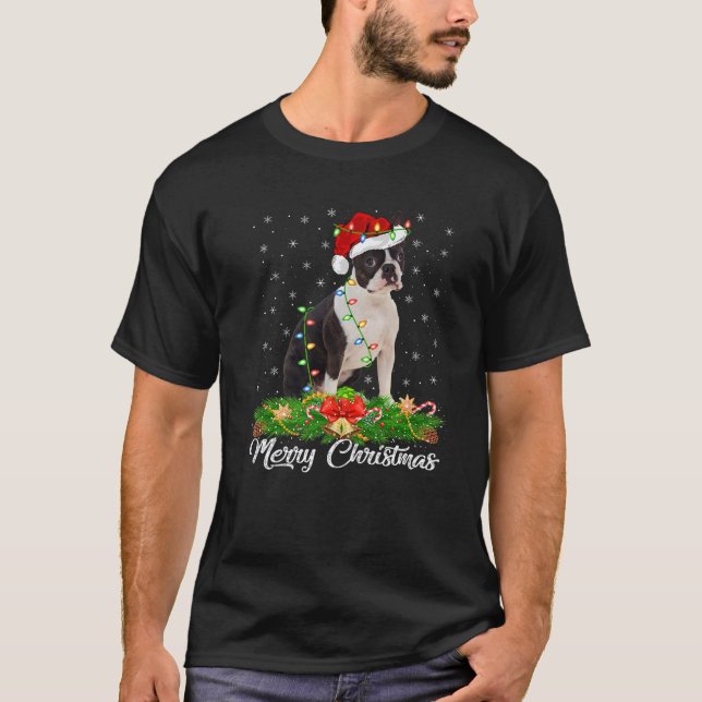 Xmas Lighting Decor Santa Hat Boston Terrier Dog C T-Shirt (Front)