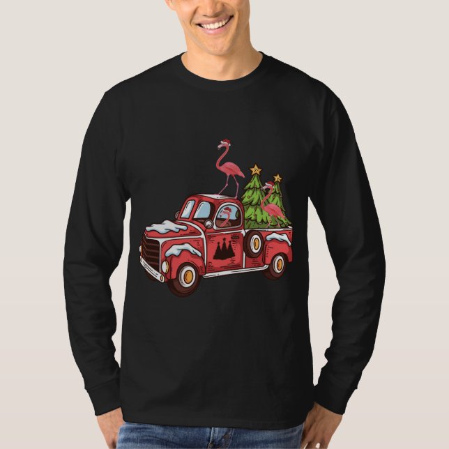 Xmas Lighting Flamingo Riding Christmas Tree Red T T-Shirt (Front)