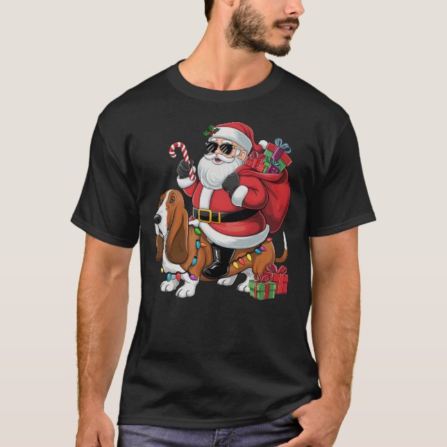 Xmas Lighting Funny Santa Riding Basset Hound Dog  T-Shirt (Front)