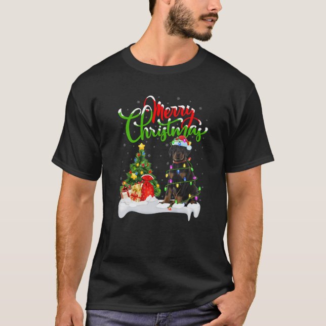 Xmas Lighting Matching Santa Doberman Pinscher Dog T-Shirt (Front)
