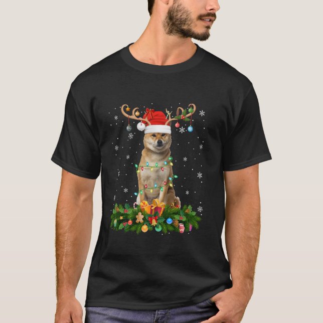 Xmas Lighting Reindeer Santa Hat Shiba Inu Dog Chr T-Shirt (Front)