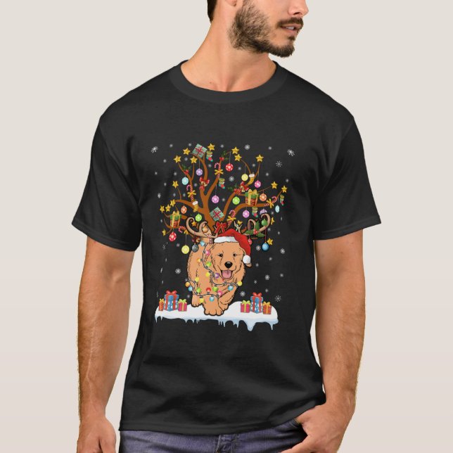 Xmas Lighting Santa Golden Retriever Dog Christmas T-Shirt (Front)