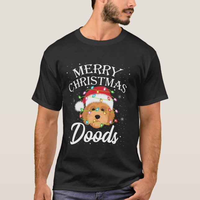 Xmas Lighting Santa Goldendoodle Dog Merry Christm T-Shirt (Front)