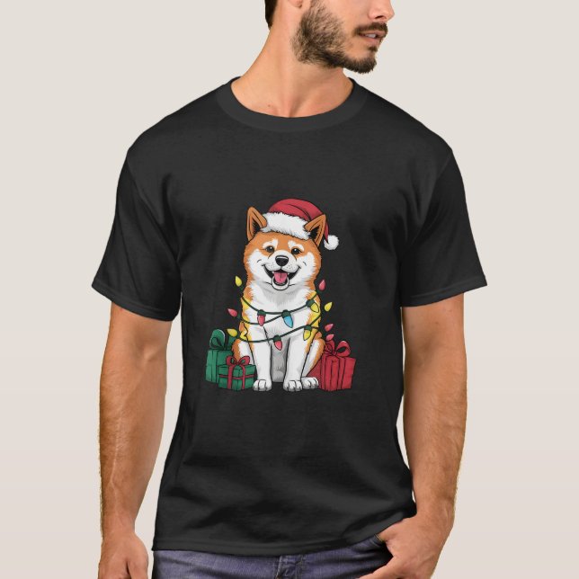 Xmas Lighting Santa Hat Akita Inu Dog Christmas Ta T-Shirt (Front)