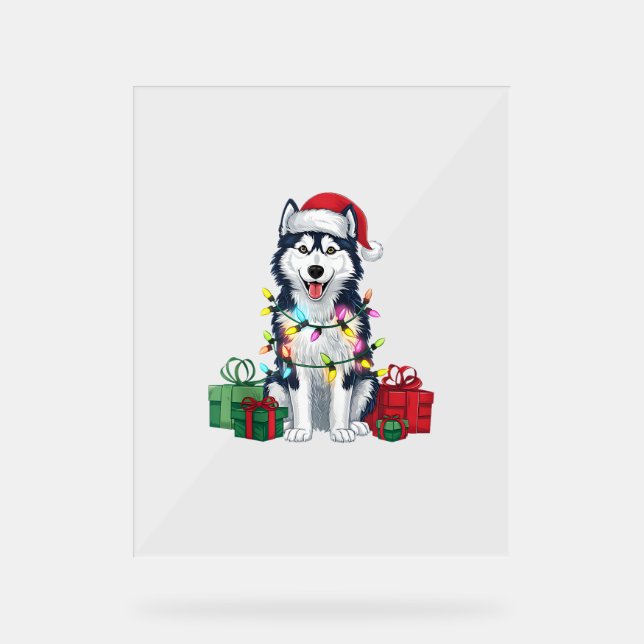 Xmas Lighting Santa Hat Alaskan Husky Dog Christma Acrylic Sign (Front)