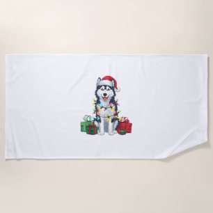 Xmas Lighting Santa Hat Alaskan Husky Dog Christma Beach Towel
