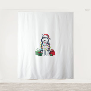 Xmas Lighting Santa Hat Alaskan Husky Dog Christma Tapestry