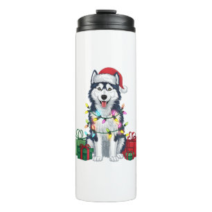 Xmas Lighting Santa Hat Alaskan Husky Dog Christma Thermal Tumbler
