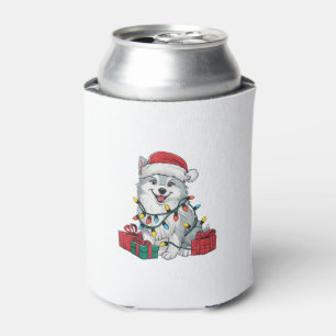 Xmas Lighting Santa Hat American Eskimo Dog Christ Can Cooler