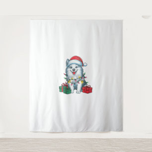 Xmas Lighting Santa Hat American Eskimo Dog Christ Tapestry