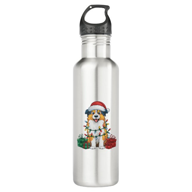 Xmas Lighting Santa Hat Australian Shepherd Dog Ch 710 Ml Water Bottle (Front)