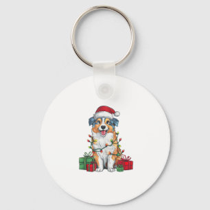 Xmas Lighting Santa Hat Australian Shepherd Dog Ch Key Ring