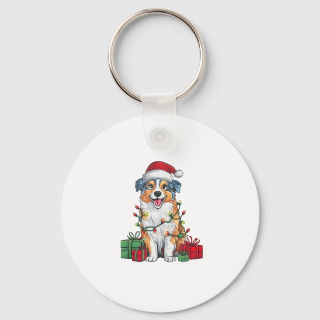 Xmas Lighting Santa Hat Australian Shepherd Dog Ch Key Ring (Front)