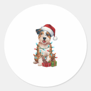 Xmas Lighting Santa Hat Australian Terrier Dog Chr Classic Round Sticker