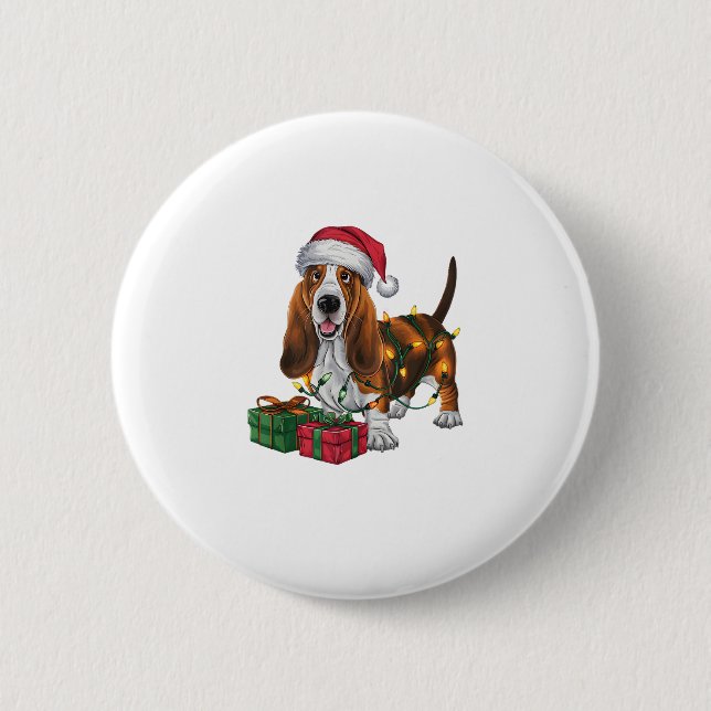Xmas Lighting Santa Hat Basset Hound Dog Christmas 6 Cm Round Badge (Front)