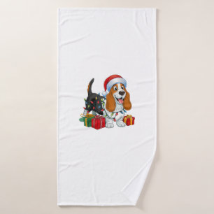 Xmas Lighting Santa Hat Basset Hound Dog Christmas Bath Towel