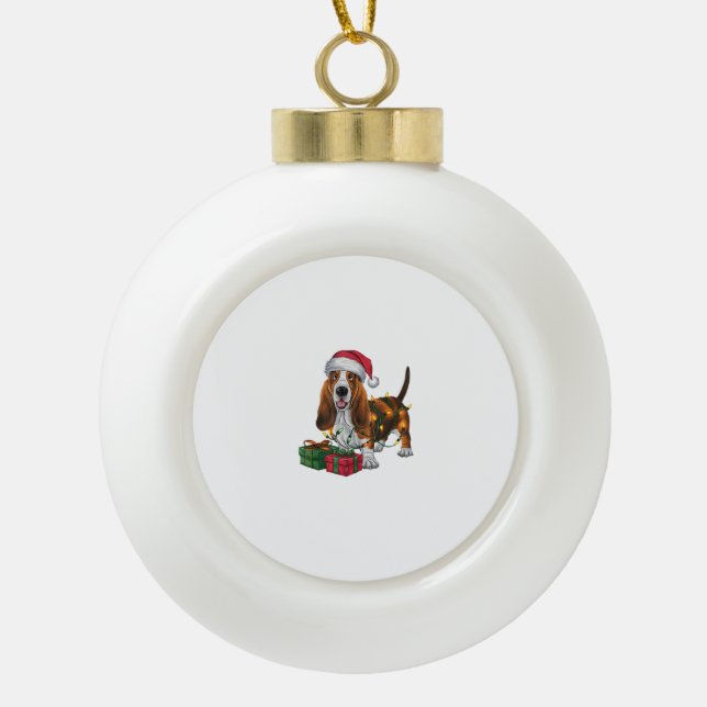 Xmas Lighting Santa Hat Basset Hound Dog Christmas Ceramic Ball Christmas Ornament (Front)