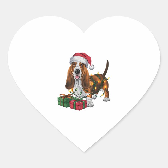 Xmas Lighting Santa Hat Basset Hound Dog Christmas Heart Sticker (Front)