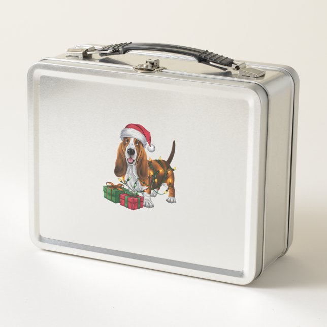 Xmas Lighting Santa Hat Basset Hound Dog Christmas Metal Lunch Box (Front)