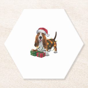 Xmas Lighting Santa Hat Basset Hound Dog Christmas Paper Coaster