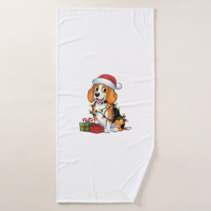Xmas Lighting Santa Hat Beagle Dog Christmas Bath Towel