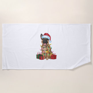 Xmas Lighting Santa Hat Belgian Malinois Dog Chris Beach Towel