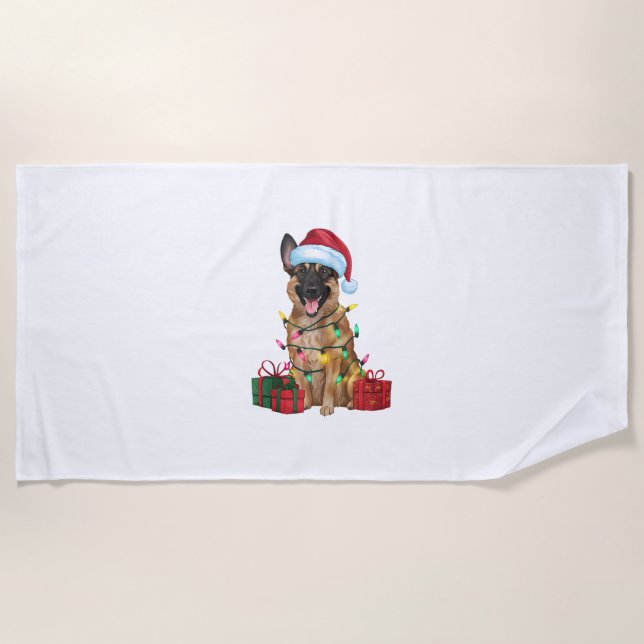 Xmas Lighting Santa Hat Belgian Malinois Dog Chris Beach Towel (Front)