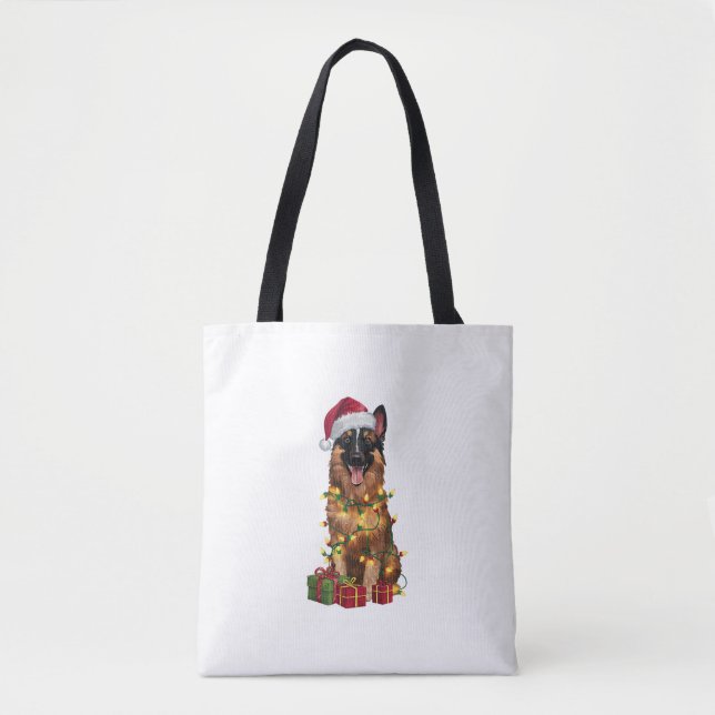 Xmas Lighting Santa Hat Belgian Tervuren Dog Chris Tote Bag (Front)