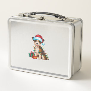 Xmas Lighting Santa Hat Border Terrier Dog Christm Metal Lunch Box