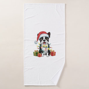 Xmas Lighting Santa Hat Boston Terrier Dog Christm Bath Towel