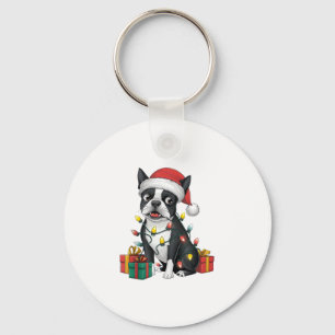 Xmas Lighting Santa Hat Boston Terrier Dog Christm Key Ring