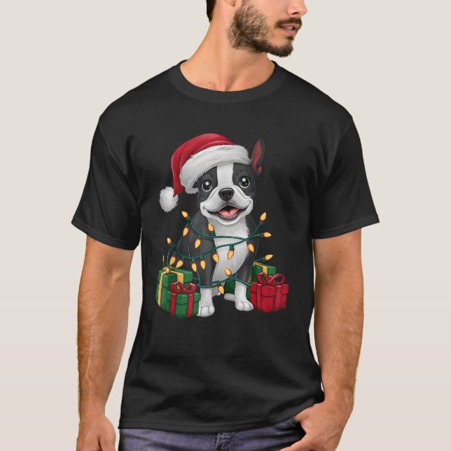 Xmas Lighting Santa Hat Boston Terrier Dog Christm T-Shirt (Front)
