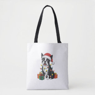 Xmas Lighting Santa Hat Boston Terrier Dog Christm Tote Bag