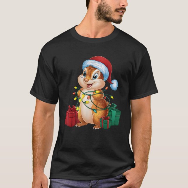 Xmas Lighting Santa Hat Chipmunk Christmas  T-Shirt (Front)