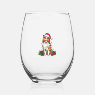 Xmas Lighting Santa Hat Collie Dog Christmas  Stemless Wine Glass