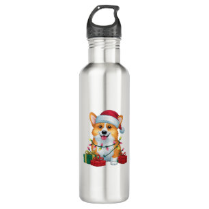 Xmas Lighting Santa Hat Corgi Dog Christmas _1 710 Ml Water Bottle