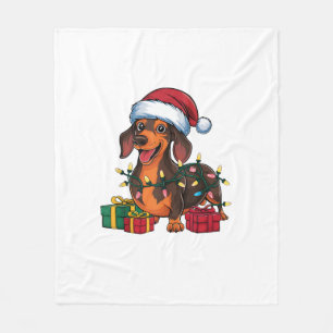 Xmas Lighting Santa Hat Dachshund Dog Christmas Fleece Blanket