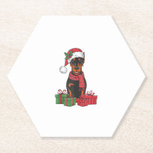 Xmas Lighting Santa Hat Doberman Dog Christmas _3 Paper Coaster