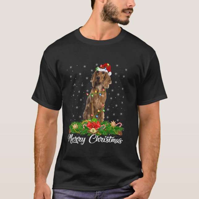 Xmas Lighting Santa Hat English Cocker Spaniel Dog T-Shirt (Front)