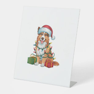Xmas Lighting Santa Hat English Shepherd Dog Chris Pedestal Sign