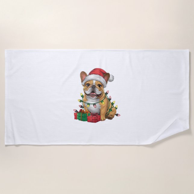 Xmas Lighting Santa Hat French Bulldog Christmas _ Beach Towel (Front)